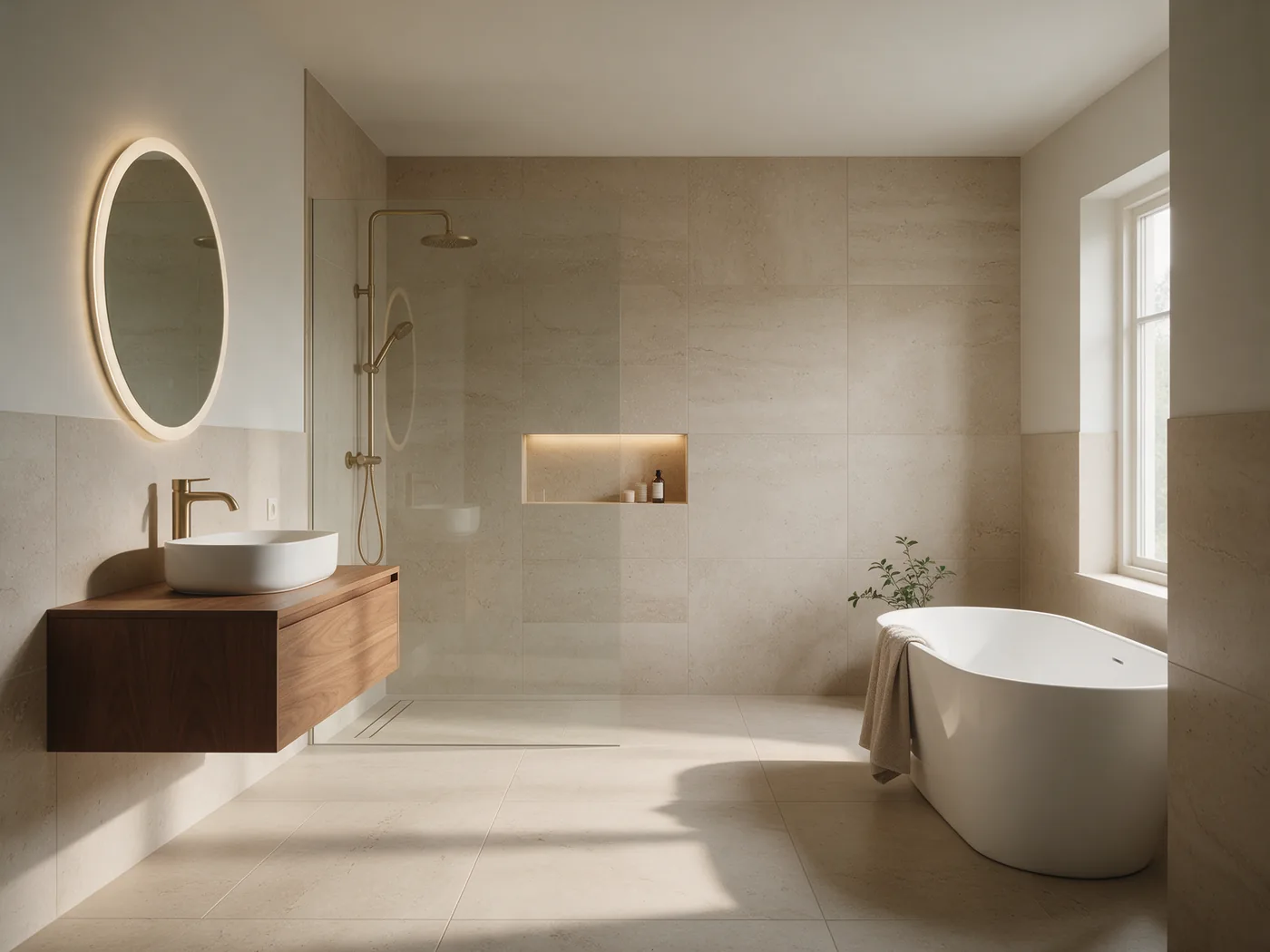 Moderne badkamer met travertinlook tegels, walnoot badmeubel, messing kranen en een vrijstaand bad bij het raam